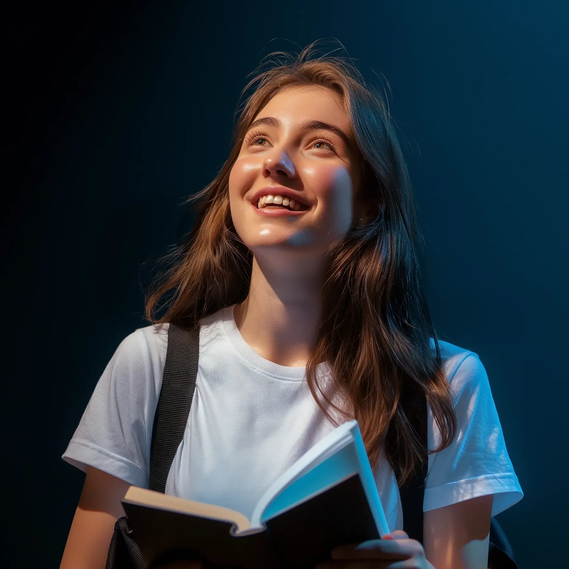 Школьница с книгой улыбается и смотрит вверх
